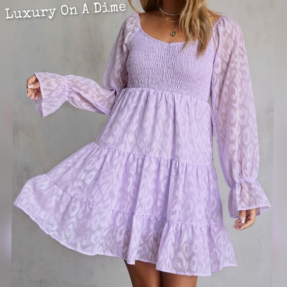 SOLD OUT at LUXONADIME.COM Leopard Dress Purple Sheer Long Sleeve Babydoll Mini - Picture 10 of 12